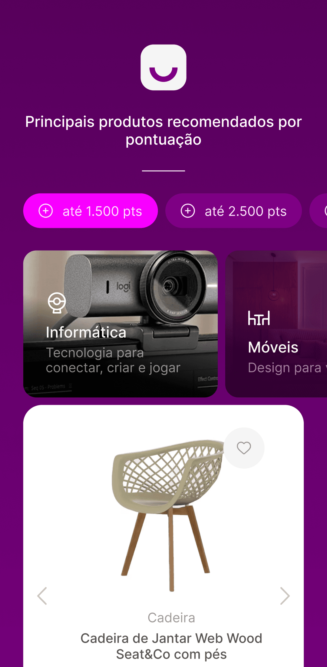 App Troca Pontos — produtos recomendados por pontuação